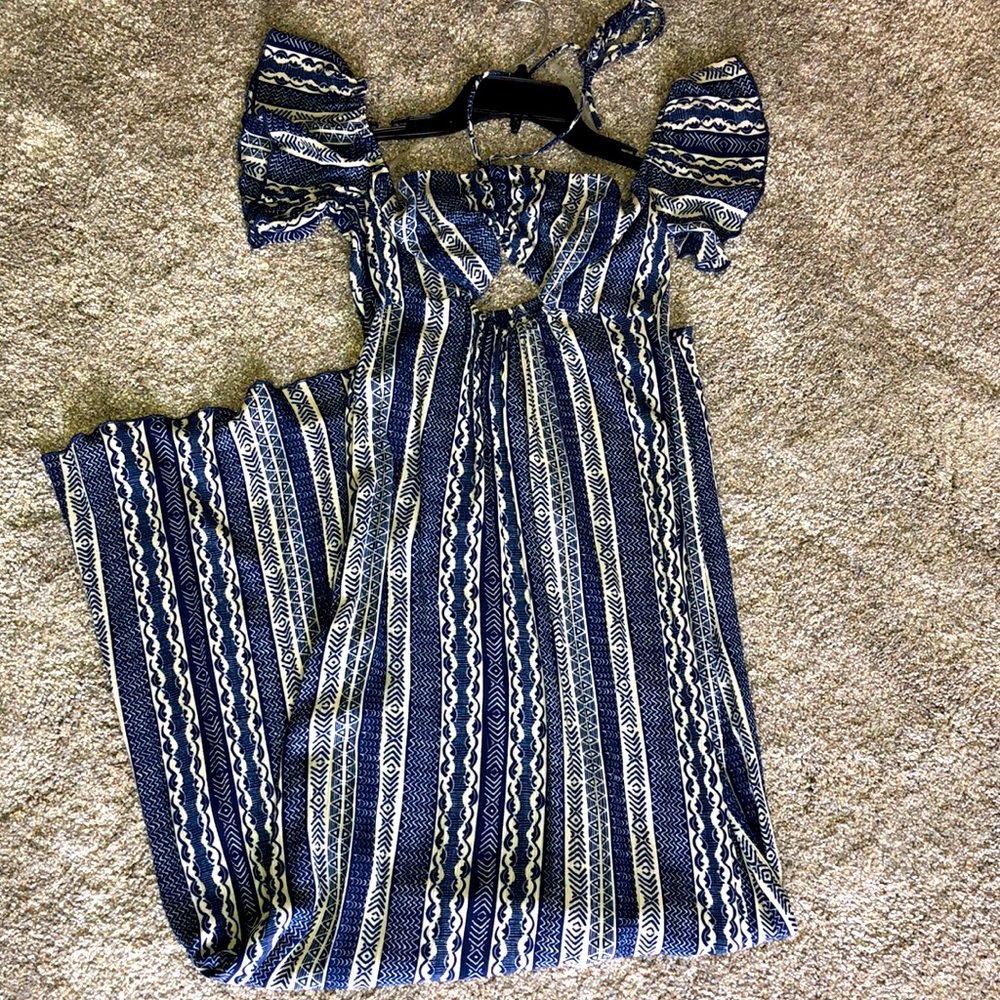 🆕Maxi Summer Blues Off-shoulder Boho Chic spring/summer dress! Ivory/blue! M